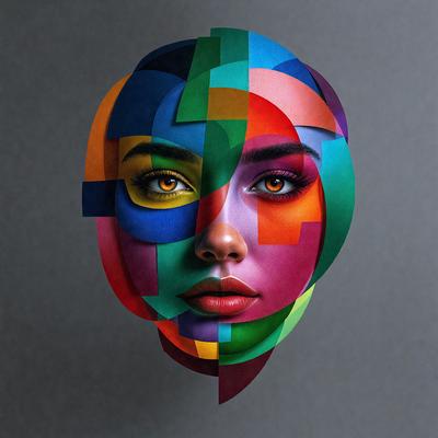 The primary subject of the image is a colorful, abstract face with a mix of different colors. The face is the main object, scene, or focus of the image. The setting or background is a gray surface, which provides a neutral backdrop for the vibrant colors of the face. The visual style of the image is a combination of digital art and illustration, as it features a unique and creative design. The dominant colors and overall atmosphere of the image are lively and energetic, with the various colors creating a sense